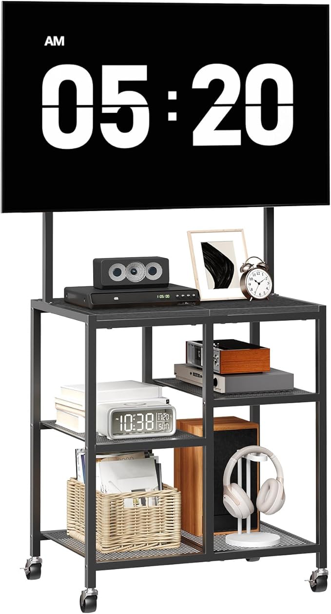 HOOBRO Small TV Stand with Wheels and Mount for 50 Inch TVs Mobile Rolling TV Stand with Storage Shelves Small Entertainment Center for Living Room Bedroom Study Black BB37DS01