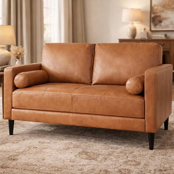 Naomi Home Marisa Mid-Century Modern Genuine Leather Loveseat Sofa – Comfortable 2-Seater Tan Cowhide for Small Spaces &amp Apartment Living – Robust Hardwood Frame