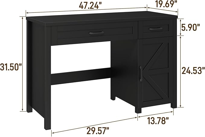 Farmhouse 47 Executive Desk Computer Desk with Drawers and Storage Cabinet Workstation Computer Desk for Home Office Study.Pure Black