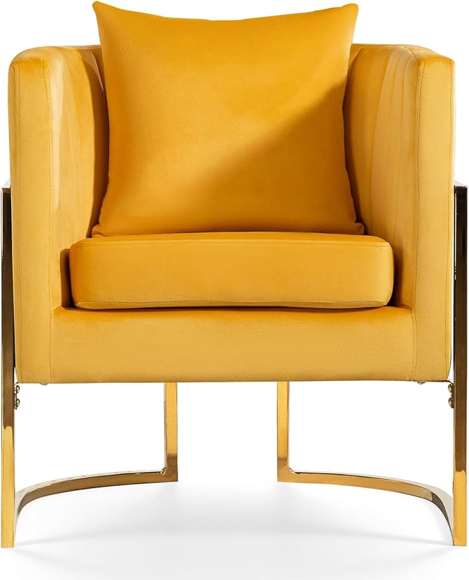 Velvet Modern Accent Chair Upholstered Barrel Armchair Mid Century with Pillow for Living Room Comfy Single Vanity Chair with Metal Gold Legs for Bedroom Yellow
