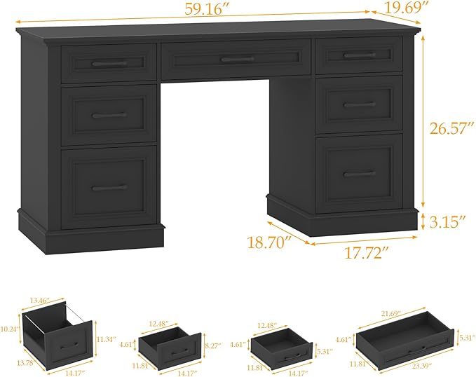 Vabches Farmhouse 59'' Executive Desk with File DrawersLarge Wood Home Office Workstation with Ample StorageRustic Writing Desk for Study.Black