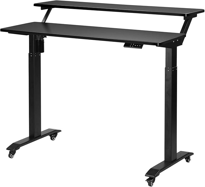 UNICOO Electric Height Adjustable 2-Tier Raising Desk with Wheels Mobile Standing Desk with Monitor Stand Ergonomic Adjustable Computer Table Electric Standing Game Table for Home Office