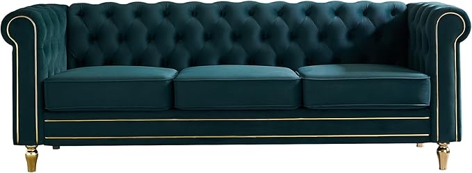 Homtique 84 Modern Green Velvet Chesterfield Sofa 3-Seater Button Tufted Rolled Arms Gold Legs