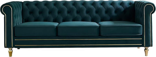 Homtique 84 Modern Green Velvet Chesterfield Sofa 3-Seater Button Tufted Rolled Arms Gold Legs