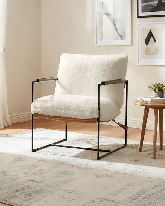Karl home Modern Accent Chair Plush Fleece Upholstered Living Room Chair with Metal Frame Wooden Armrest Comfy Lounge Armchair for Living Room Bedroom Balcony Reading Room Creamy