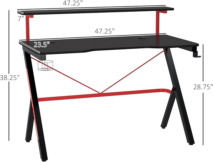 47 Inch Gaming Desk Racing Computer Desk Home Office Workstation with Elevated Monitor Shelf Rotatable Cup Holder Headphone Hook Black
