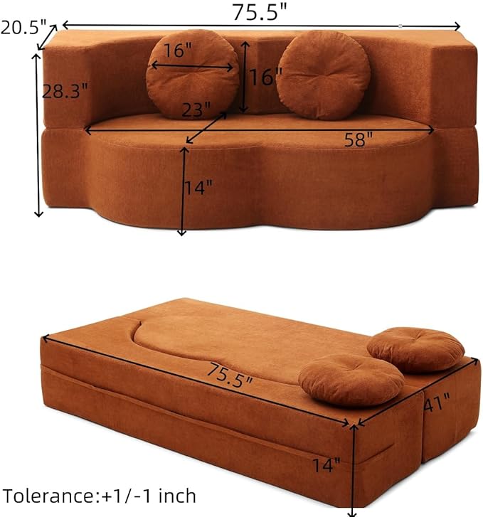 KEIKI 2-in-1 Folding Sofa Bed with Pillow Queen Sleeper Sofa Floor &amp Futon Loveseat Couch Foam Folding Mattress for Living Room Guest Use Office Apartment No Assembly Required Orange