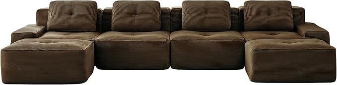 Hommoo 153 Oversized Sectional Sofa Modular U Shaped Couch with Ottoman Comfy Corduroy Couches with Deep Seat 6 Seat Convertible Boneless Sofa for Living Room No Assembly Required Brown