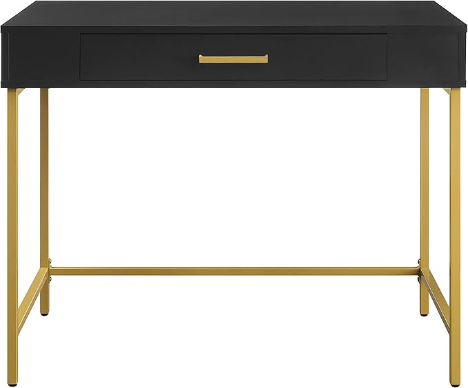 OSP Home Furnishings Modern Life Contemporary Writing Desk with Large Drawer and Gold Metal Legs Black Finish