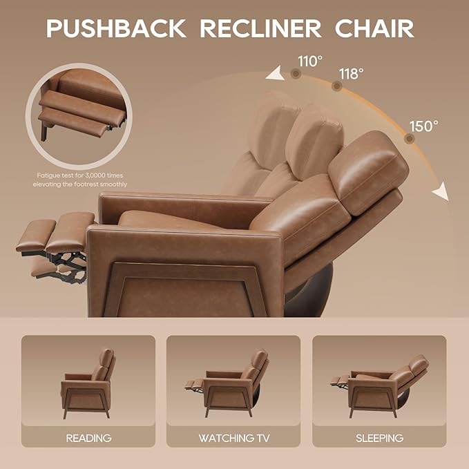 COLAMY Push Back Recliner Chair Set of 2 Upholstered Leather Recliner with Footrest 105-135 Degree Adjustable Comfy Modern Wingback Recliner for Living Room BedroomSmall Spaces Cocoa