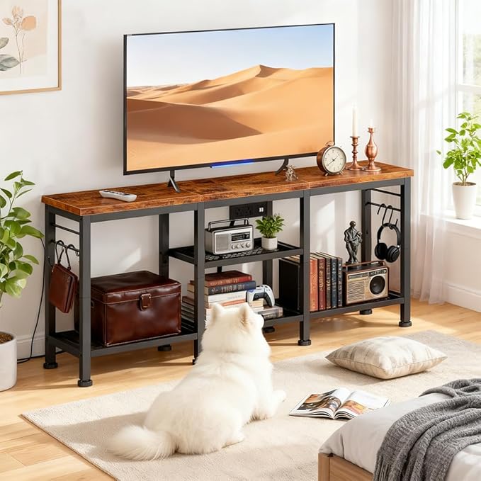 LUCKLIFE TV Stand with Charging Station for TVs up to 55 InchRustic Wood Entertainment Center with 3-Tier Storage ShelvesModern TV Media Console Table with 4 Hooks for Living RoomBedroom(Brown)