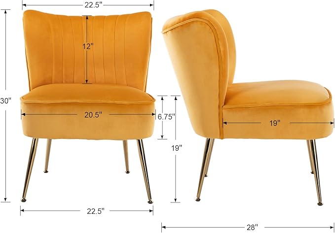 Yellow Velvet Accent Chairs Set of 2 with Golden Legs Upholstered Side Chairs Mid-Century Modern Slipper Chairs for Guest Room Comfy Armless Wingback Corner Single Sofa Living Room Chairs
