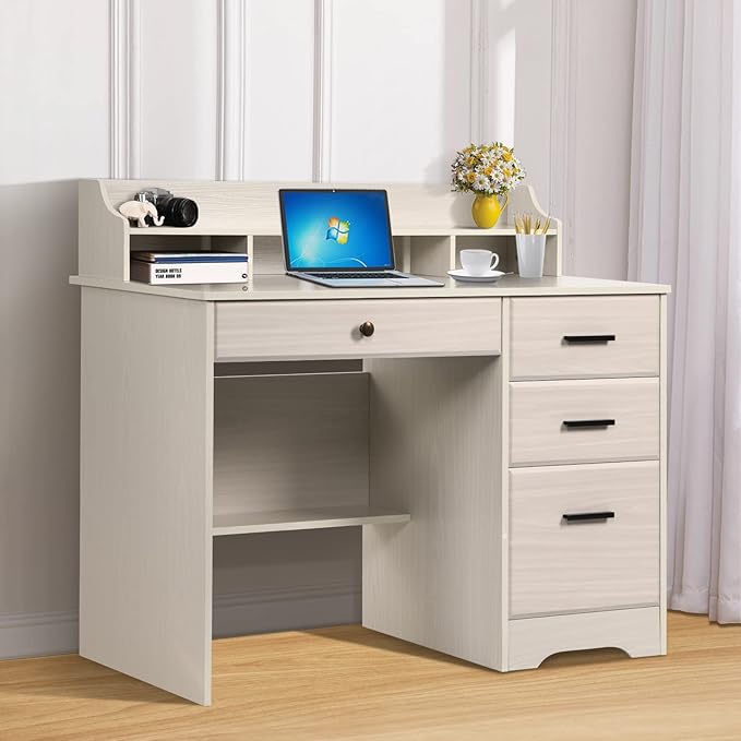White Home Office Desk with 4 Drawers &amp Hutch Computer Table for Bedroom Off-White