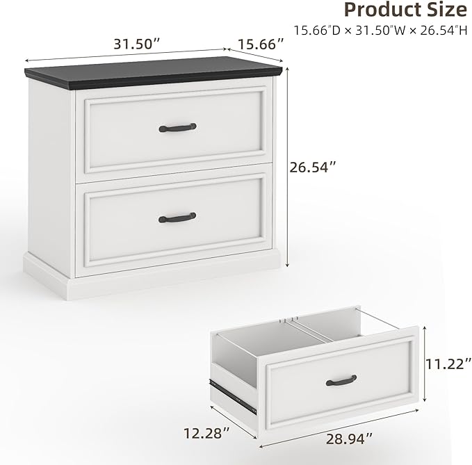 2 Drawer File Cabinet Farmhouse Lateral Filing Cabinet for Letter/A4/F4/Legal Size Hanging Files Large Wood File Storage Cabinets Printer Stand for Home Office White and Black
