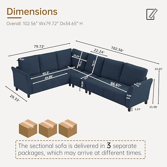 Convertible Sectional Sofa Couch 102 L Shaped Couch with Back Cushions Modern Upholstered Fabric 6-Seat Reversible Sofa Set for Living Room Apartment Office Blue
