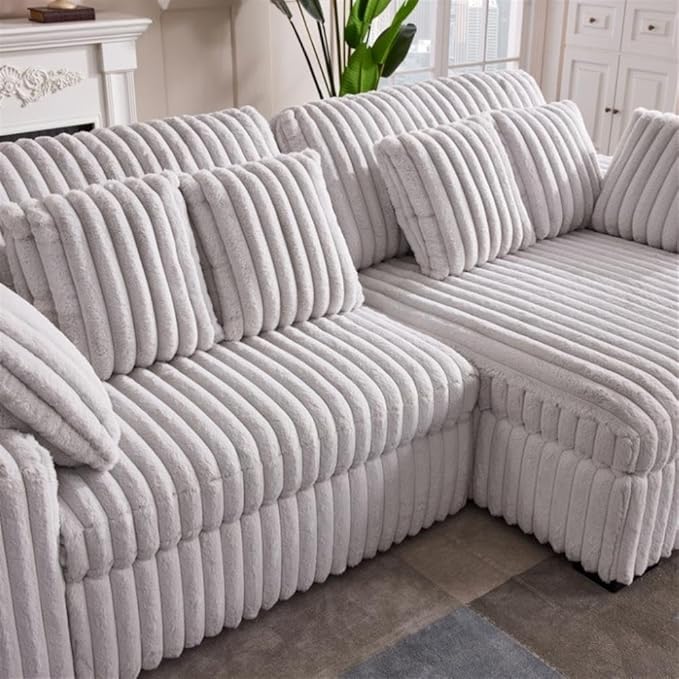 Pemberly Row 113 W Corduroy Fabric Cloud Convertible Sectional Deep Seat Sofa Slider with Power Recliner Glider USB Charging Ports and 6 Cushions in Presley Latte for Living Room