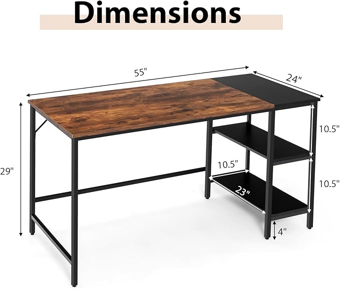 Computer Desk 55’’ Gaming Desk w/Storage Shelves Steel Frame &amp Adjustable Feet Wood Office Table Large Writing Desk for Bedroom Study Home Office (Rustic Brown 55''W)