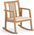 Giantex Rocking Chair with Cushioned Seat Indoor Solid Rubber Wood Rocker Chair w/Slatted Back &amp Curved Armrests Wooden Accent Armchair for Living Room Bedroom Study Porch (1Natural + Beige)