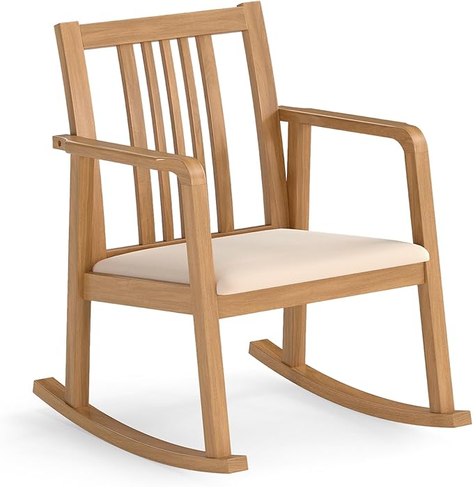 Giantex Rocking Chair with Cushioned Seat Indoor Solid Rubber Wood Rocker Chair w/Slatted Back &amp Curved Armrests Wooden Accent Armchair for Living Room Bedroom Study Porch (1Natural + Beige)