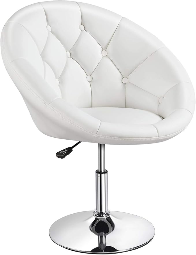 Yaheetech Adjustable Vanity Chair with Round Tufted Back Swivel Leather Salon Chair for Bedroom Living Room Office White