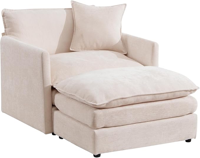 TTK Oversized Chaise Lounge Chair with Ottoman - 39.17 Wide Modern Sleeper Sofa for Living Room Bedroom &amp Office - Deep Seat Sectional Couch with Pillow Comfortable Reading Chair (Beige 39.17