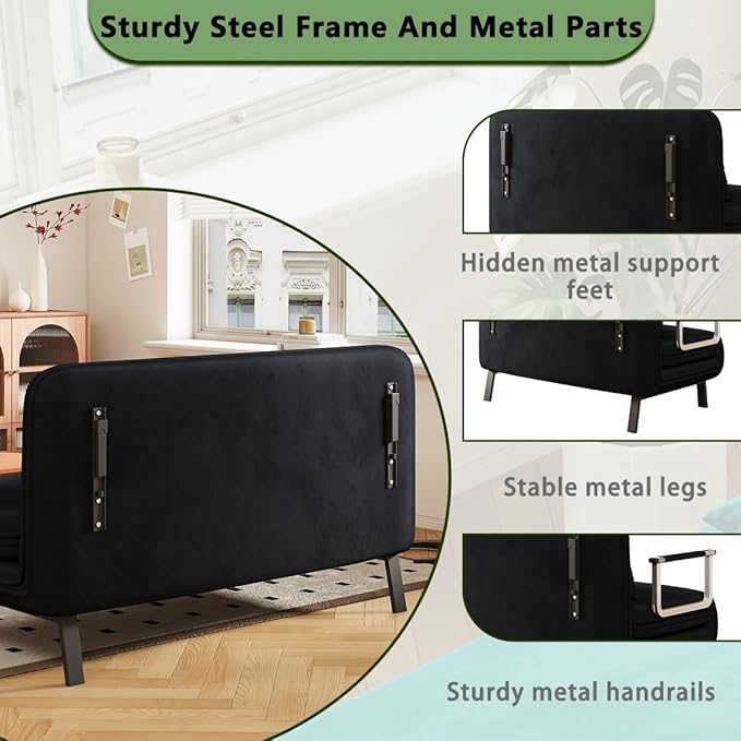 Convertible Queen Sleeper Chair Bed 55 Tri-Folding Sofa with 6 Adjustable Backrests Comfy Velvet Loveseat Sleeper Modern Futon Sofa Bed for Living RoomSmall SpaceOffice (Black)