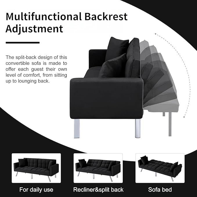 Convertible Futon Sofa Bed 74 Inch Sleeper Couch Bed with Velvet Upholstery Sofa Couch with Adjustable Backrest Pillows Square Tufted Design for Living Room Home Office Black