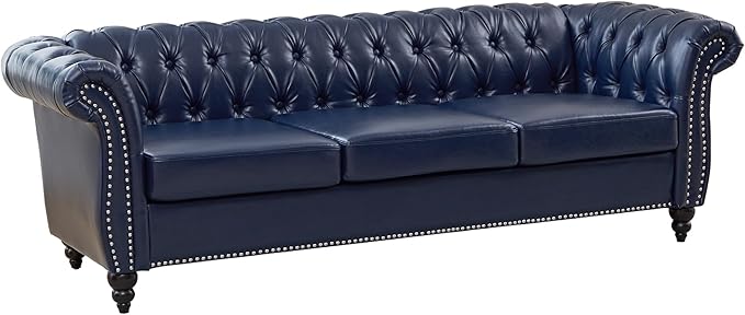 QHITTY Accent Large Sofa Chesterfield Couch 3 Seater Modern Leather Couch Upholstered Sofa with Tufted Back for Living Room Furniture (Blue)