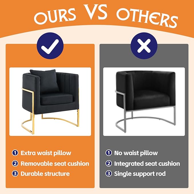 Modern Velvet Barrel Armchair with Lumbar Pillow Mid-Century Upholstered Accent Chair for Living Room Bedroom Single Sofa Club Reception Chair with Golden Metal Legs Black