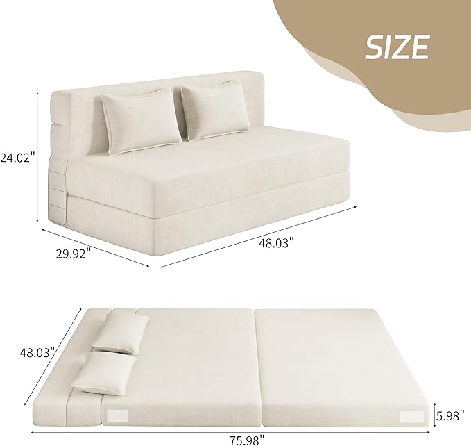 Luoxiao Folding Sofa Bed Foldable Full Lazy Floor Couch for Adults with Pillows Portable Convertible Futon Sleeper Chair for Small Space/Guest Room Washable Cover High-Density Foam Beige