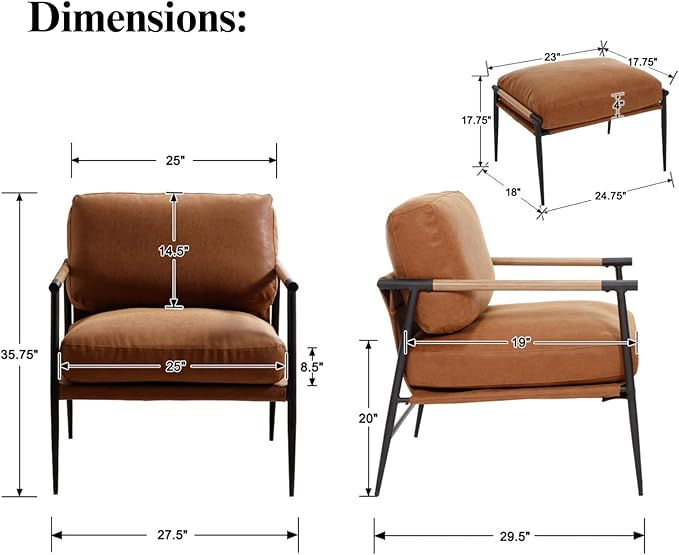 DUOMAY Mid Century Modern Accent Chair with Ottoman Set Brown PU Leather Upholstered Living Room Chair with Metal Legs Lazy Lounge Chair Set with Footrest for Bedroom Living Room