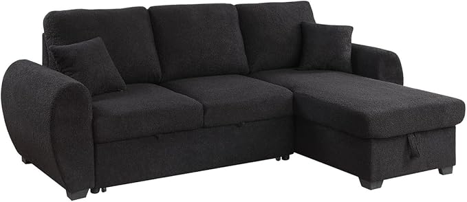 Lilola Home Veronica 95-inch Black Teddy Fleece Reversible Sleeper Sectional Sofa with Storage Chaise – Pull-Out Bed 2 Throw Pillows Pocket Coil Seating Modern L-Shape Couch