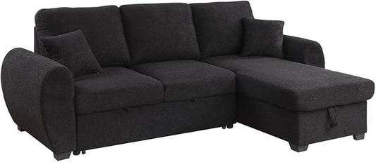 Lilola Home Veronica 95-inch Black Teddy Fleece Reversible Sleeper Sectional Sofa with Storage Chaise – Pull-Out Bed 2 Throw Pillows Pocket Coil Seating Modern L-Shape Couch