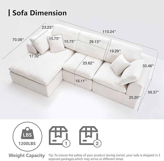 110 Convertibl L Shaped Sectional Couch for Living Room 3-Seater Modular Cloud Couch Sofa with High-Resilience Memory Foam No Assembly Required Warm White Left Facing Chaise