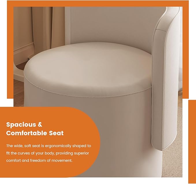360° Swivel Vanity Chair with Back Modern Upholstered Leather Makeup Chair Comfortable Armless Accent Stool for Bedroom Living Room or Dressing Table Gray