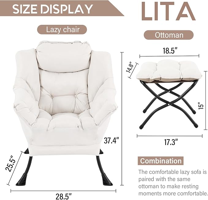 LITA Lazy Chair with Ottoman Modern Accent Leisure Upholstered Sofa Contemporary Lounge Reading Chair with Armrests and a Side Pocket for Living Room Bedroom &amp Small Space Beige