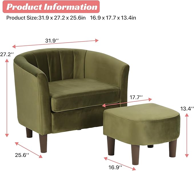 Dkelincs Accent Chair with OttomanBarrel Reading Chair with Velvet Fabric for Living RoomMore Spacious and SupportiveGood Weight CapacityGreen