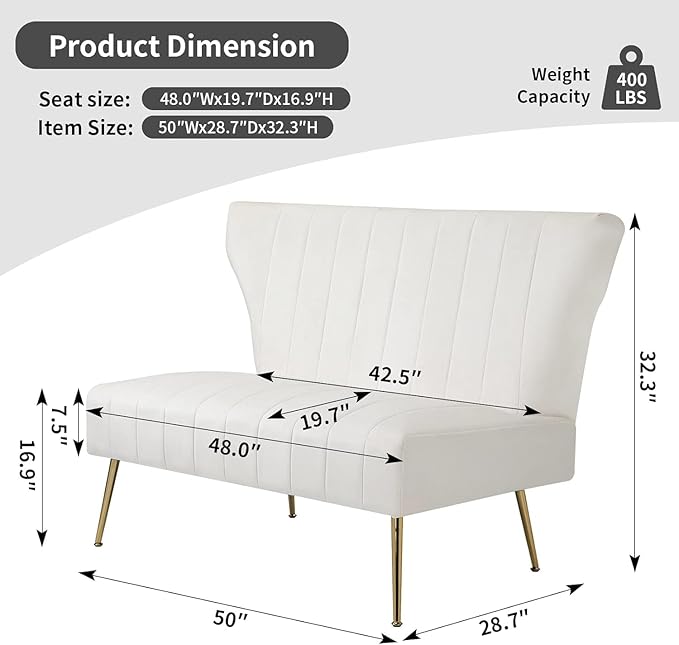 50’’ Velvet Modern Armless Loveseat for Living Room Bedroom Upholstered Small Wingback Couch Sofa with Gold Metal Legs &amp 2 Seater (White 50 Loveseat)