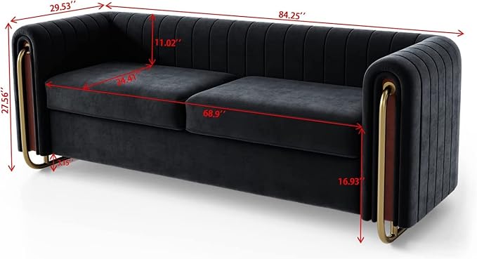 KEVINSPACE 84.25 Modern Sofa Couch Velvet Loveseat Sectional Sofa Couch with Gold Legs for 3-4 Persons Upholstered Deep Seat Love Seat Mid-Century Sofa for Living Room Office Apartment Black