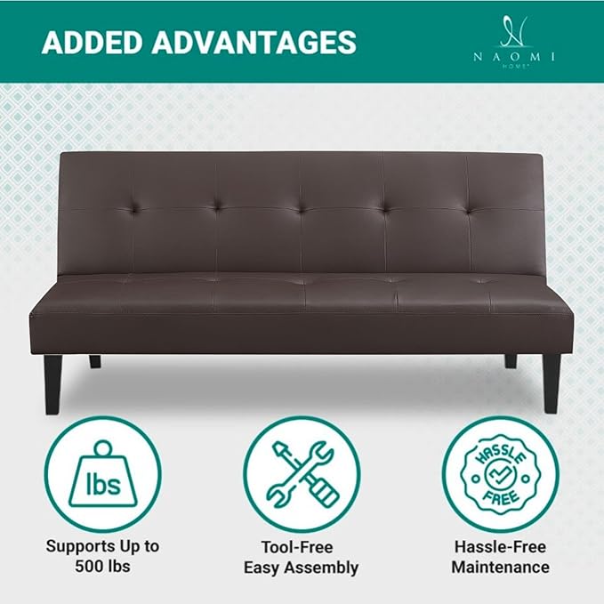 Naomi Home Button Tufted Futon Sofa Bed Espresso Faux Leather 3-Position Convertible Space-Saving 66.1 W