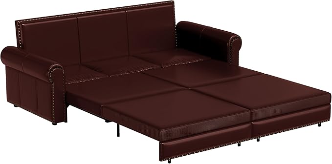 93.7 King Pull Out Sofa Bed Faux Leather Sleeper Sofa Couch 3 in 1 Convertible Futon Couches for Living Room Small Space Apartment Office Bedroom Modern Rivet Armrest Burgundy