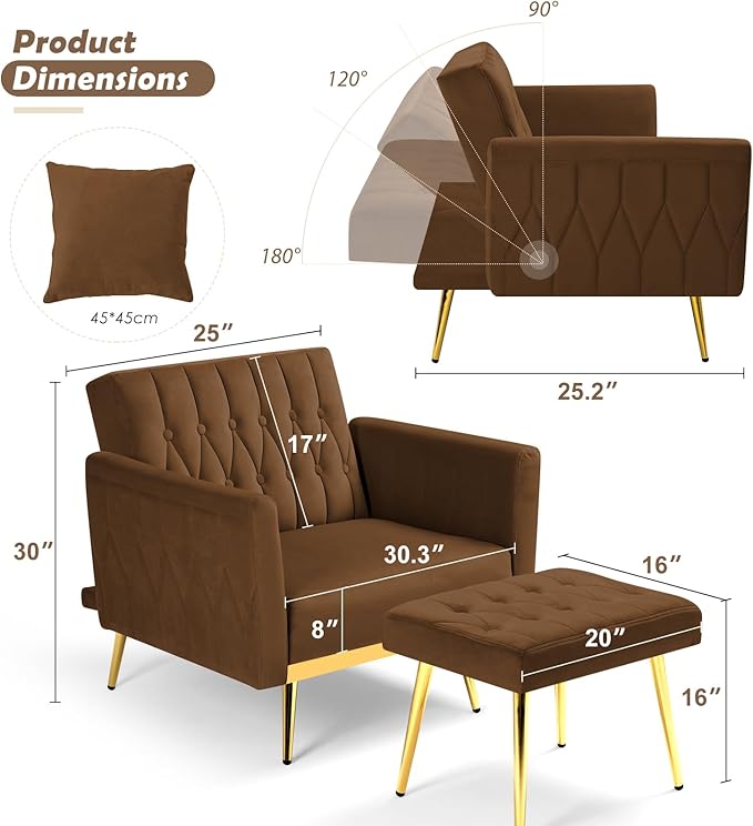 Velvet Accent Chair with Adjustable Backrest and Armrests Single Recliner Armchair with Ottoman and Golden Mental Legs for Living Room Bedroom and Waiting Room Brown