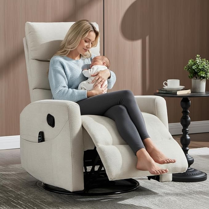 PELUMY 360° Swivel Rocker Recliner with Heat &amp Vibration Massage Glider Rocking Chair for Adults Compact Recliner for Living Room Small Spaces Nursery Bedroom (Chenille Light Grey)