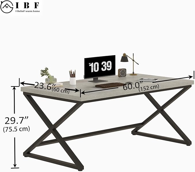 IBF Gray Computer Desk Industrial 60” Work Desk for Writing Study Simple Wooden Metal Executive Home Office Desk Modern Pc Gaming Laptop Workstation Computer Table in Bedroom Light Grey Oak