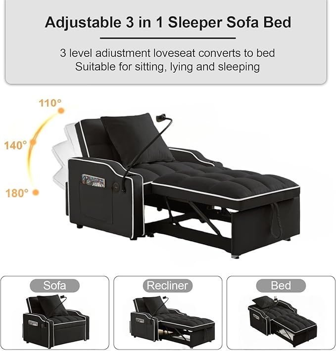3 in 1 Convertible Sleeper Sofa Bed with Phone Holder 35'' Pull Out Sofa Bed Recliner with Adjustable Backrest Velvet Fabric Sleeper Couch Single Modern Chair for Small Space &amp RV Black