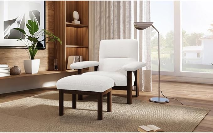 Modern Accent Chair with Ottoman Mid Century Lounge Chair with footrest Comfy Fabric Armchair Upholstered Set with Solid Wood Frame for Living Room