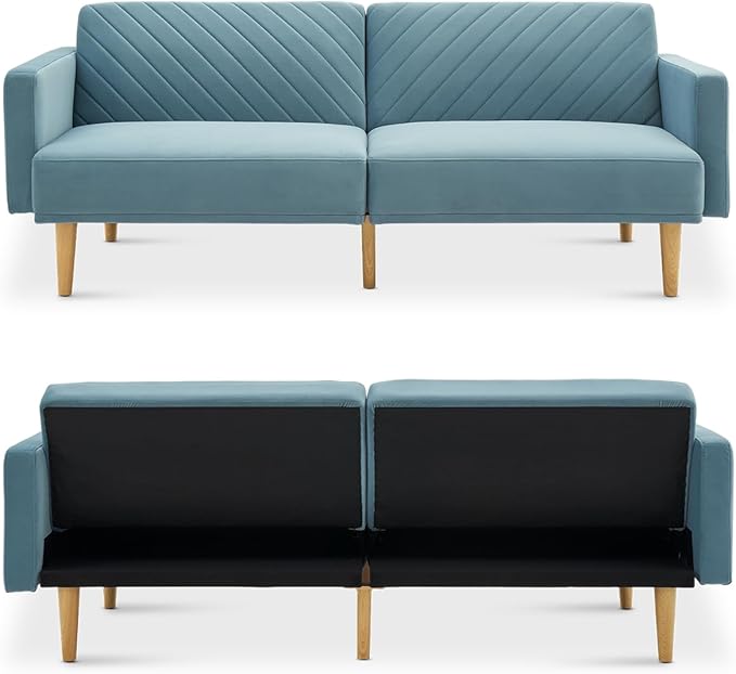 mopio 76.4 Futon Sofa Bed Couch Loveseat Sleeper Sofa Mid Century Modern Futon Couch Sofa Cama Couches for Living Room (Sky Blue Premium Velvet)
