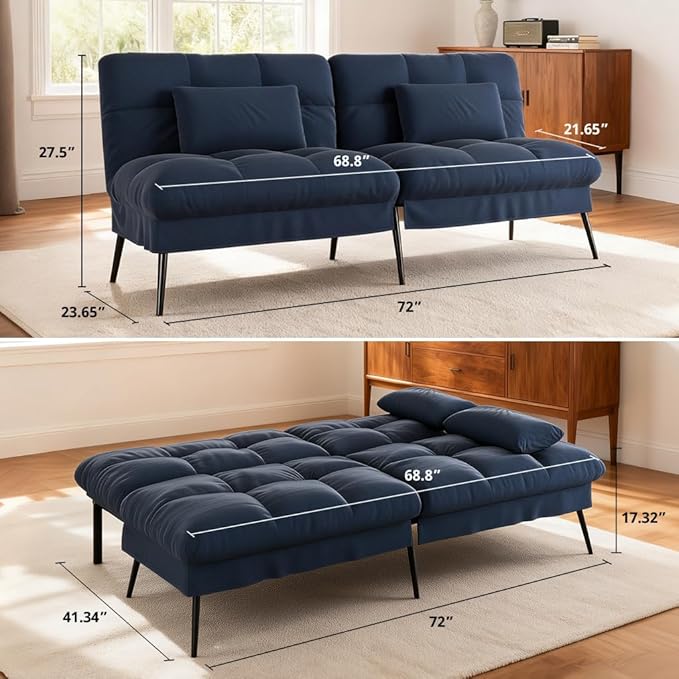 COMHOMA Convertible Sofa Bed72″Fabric Couch with Adjustable BackrestLoveseat Recliner Sleeper Living Room Furniture futon Set (Blue)