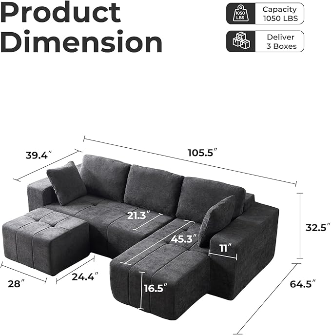 105 Cloud Modular Sectional CouchChenille Boneless Couches with Deep SeatUpholstered U-Shape Sofa with Chaise Sectional Couch with Ottoman No Assembly Required (Grey Right Facing Chaise)