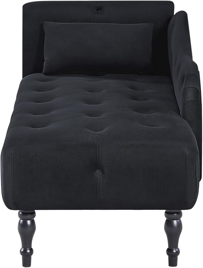 60 Modern Velvet Chaise Lounge Indoor Upholstered Chair with Left Armrest and Lumbar Pillow Button Tufted Lounge Sofa for Living Room Bedroom Office Mini Chaise Longue Sofa (Black)